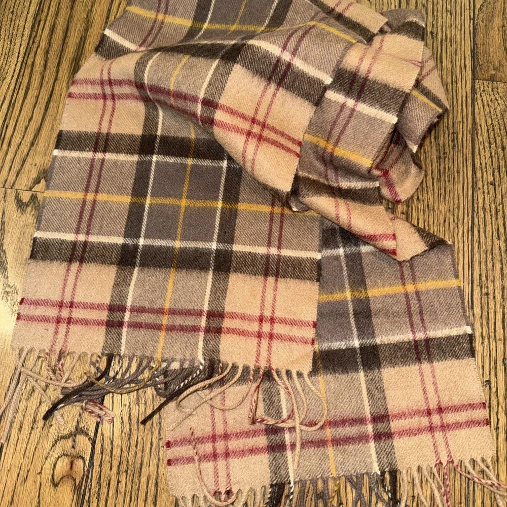 Barbour Tartan Brown Check Plaid Merino Wool Cashmere Rectangle Scarf 10